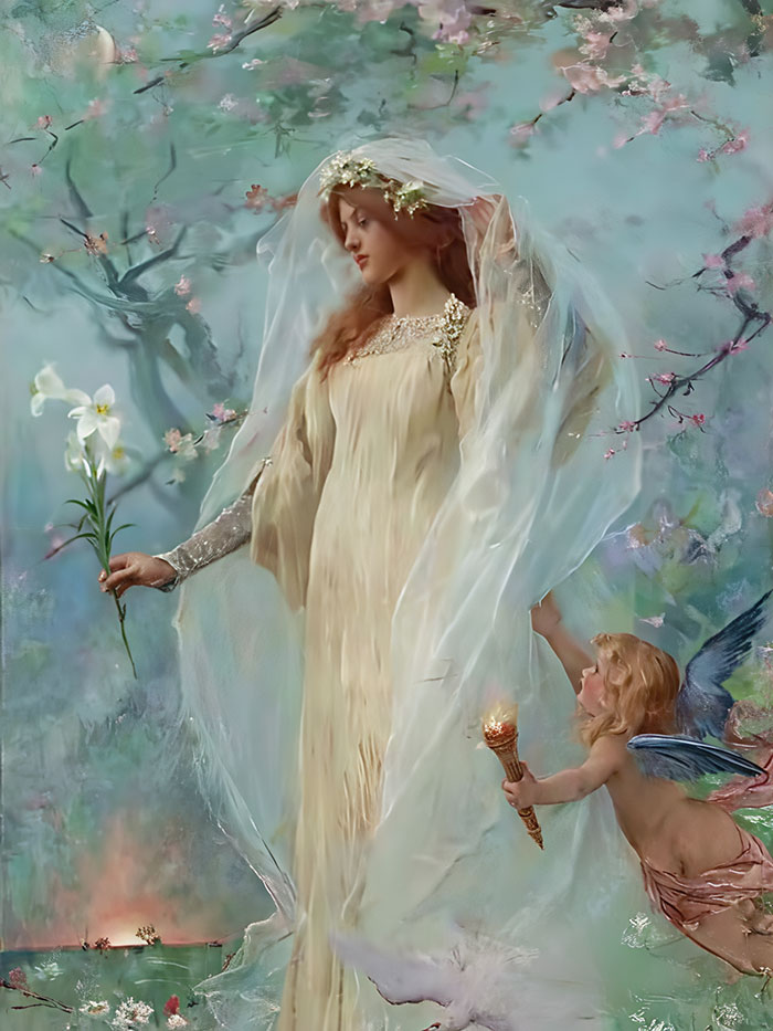 The Virgin Mary and Angels in Religious Oil Painting - Sacred Guidance under the Lily Flower