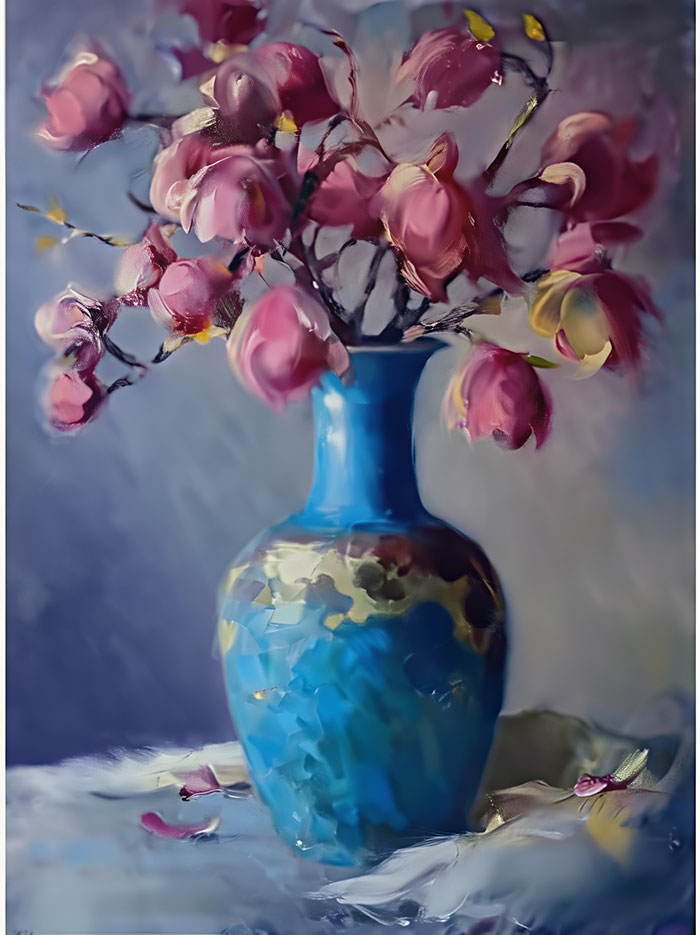 Tranquil Oriental Charm - Elegance of Pink Flower Blue Bottle