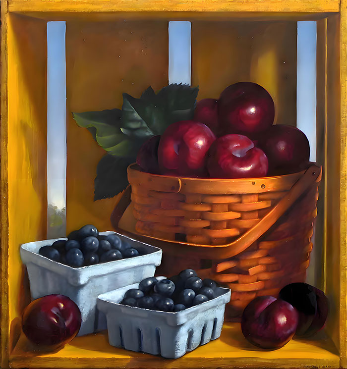 The Secret Realm of Oil Painting of Purple Plums and Black Grapes